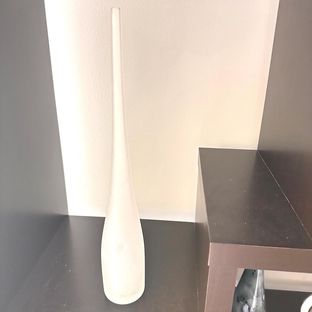 Frosted Glass Spire Bottle Vase Hand Blown Mid Century Modern Long Neck 16 Inch - Picture 5 of 16